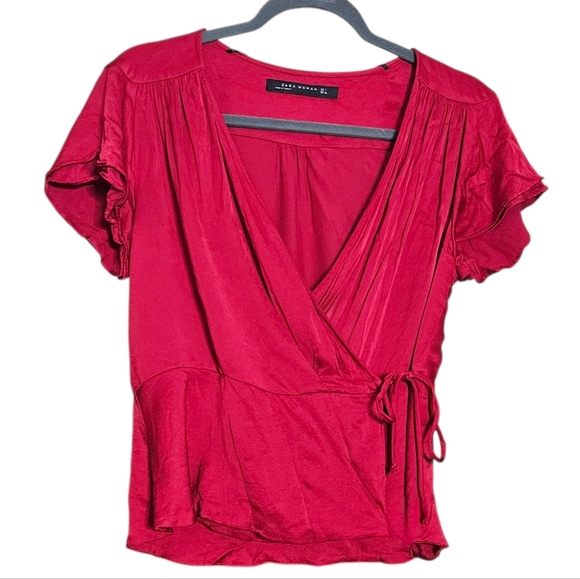 Zara Woman Red Satin Effect Wrap Ruffle Sleeve Top Blouse size Large - Picture 3 of 11